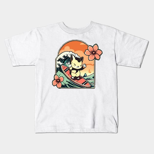 Surfing Kitty at Sunset Kids T-Shirt by Kona Cat Creationz